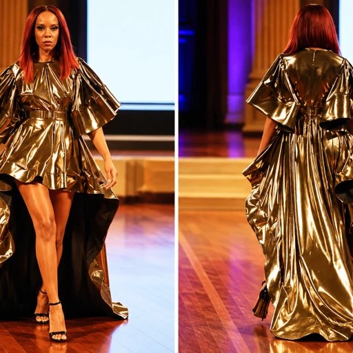 Front and back views of a gold metallic high-low dress with ruffled cap sleeves and a long train