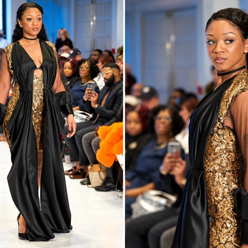 Runway composite — a model in a black satin gown with a gold sequin embroidered bodice walking the runway, beside a close portrait of the same gold-and-black design