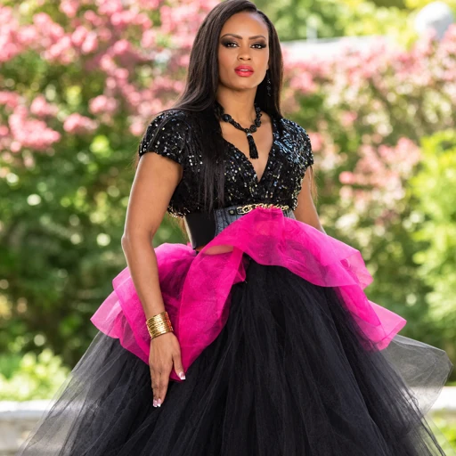Model outdoors in a black sequin V-neck bodice, wide black corset belt and a voluminous black tulle skirt with dramatic pink ruffled accents