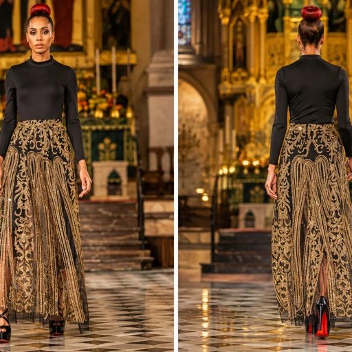 Front and back views on the runway of a black turtleneck top with a gold-embroidered sheer overlay skirt