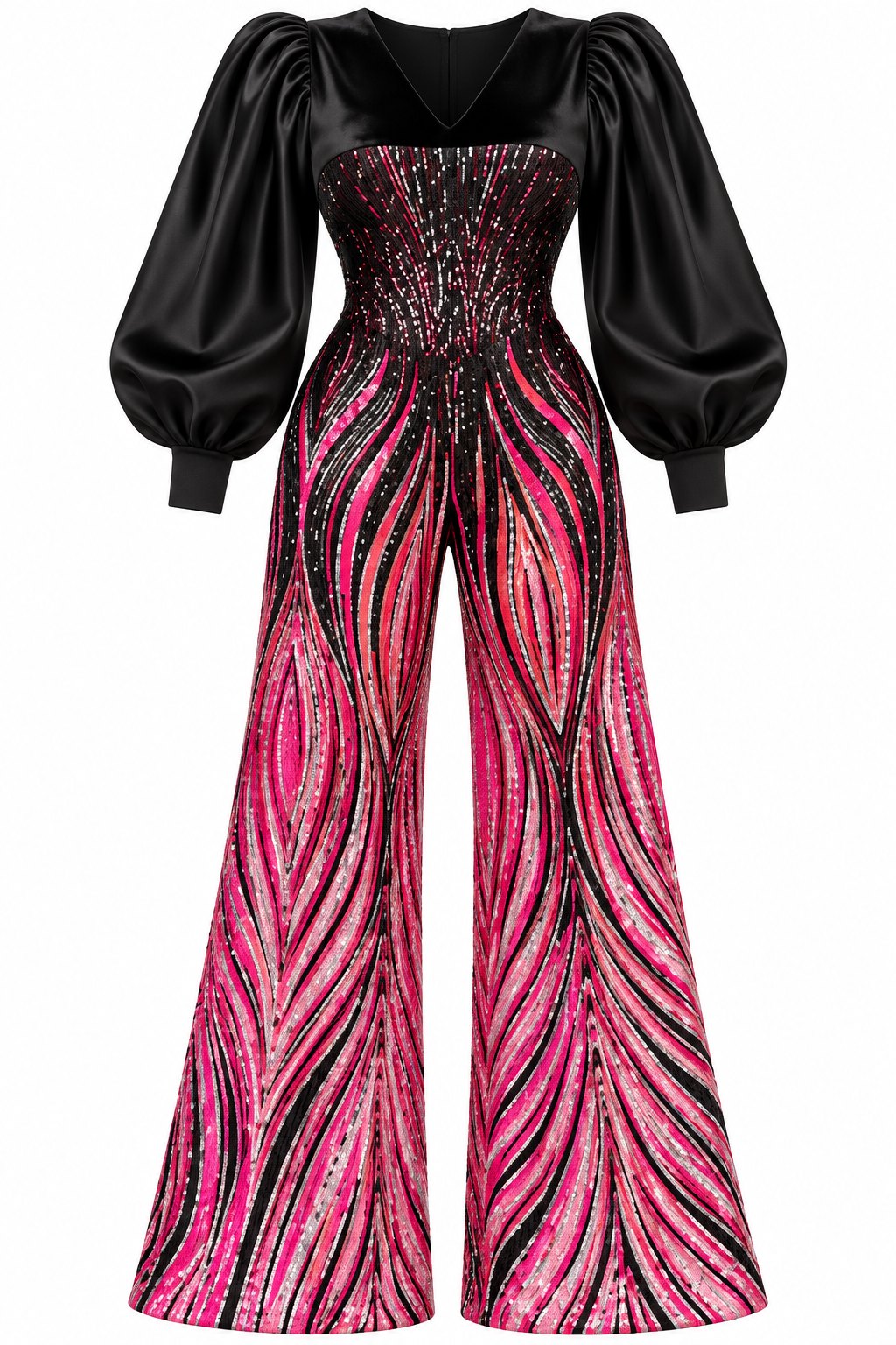 The sequin flame wide-leg jumpsuit shown flat, with black satin sleeves and a fitted sequin body