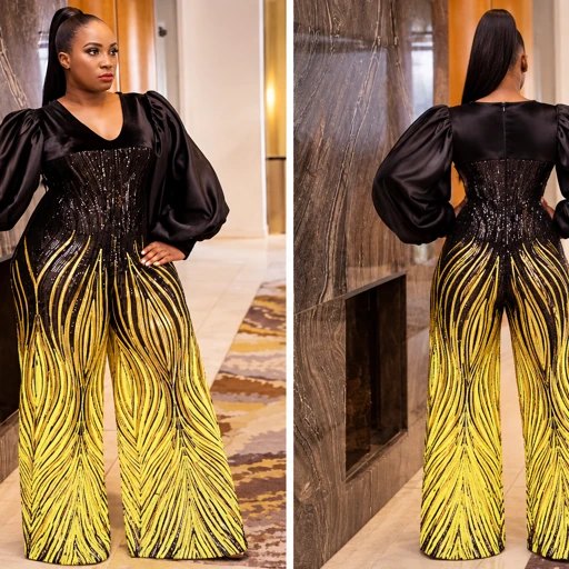 Front and back views of a black satin puff-sleeve jumpsuit with a yellow and black feather-patterned sequin bodice and wide legs