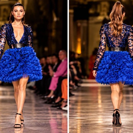 Front and back views on the runway of a navy sequin lace dress with a plunging neckline and a royal-blue ruffled mini skirt
