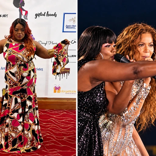 Chrissy Collins in a Therese Marie mermaid gown of hot pink, black, white and gold chain print on a red carpet step-and-repeat, and singing on stage beside Beyoncé in the same gown