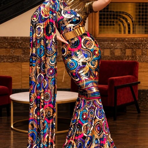 Rear view of the metallic circle-print mermaid gown holding out its long patterned train