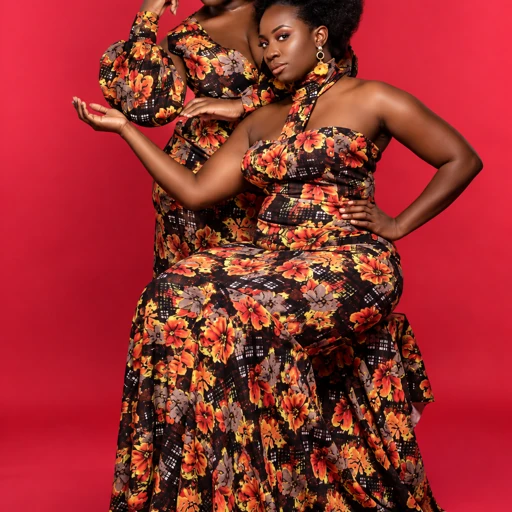 Two models in black floral-print gowns with orange and gold flowers against a red backdrop — one standing in a halter-neck gown, one seated in a strapless mermaid gown