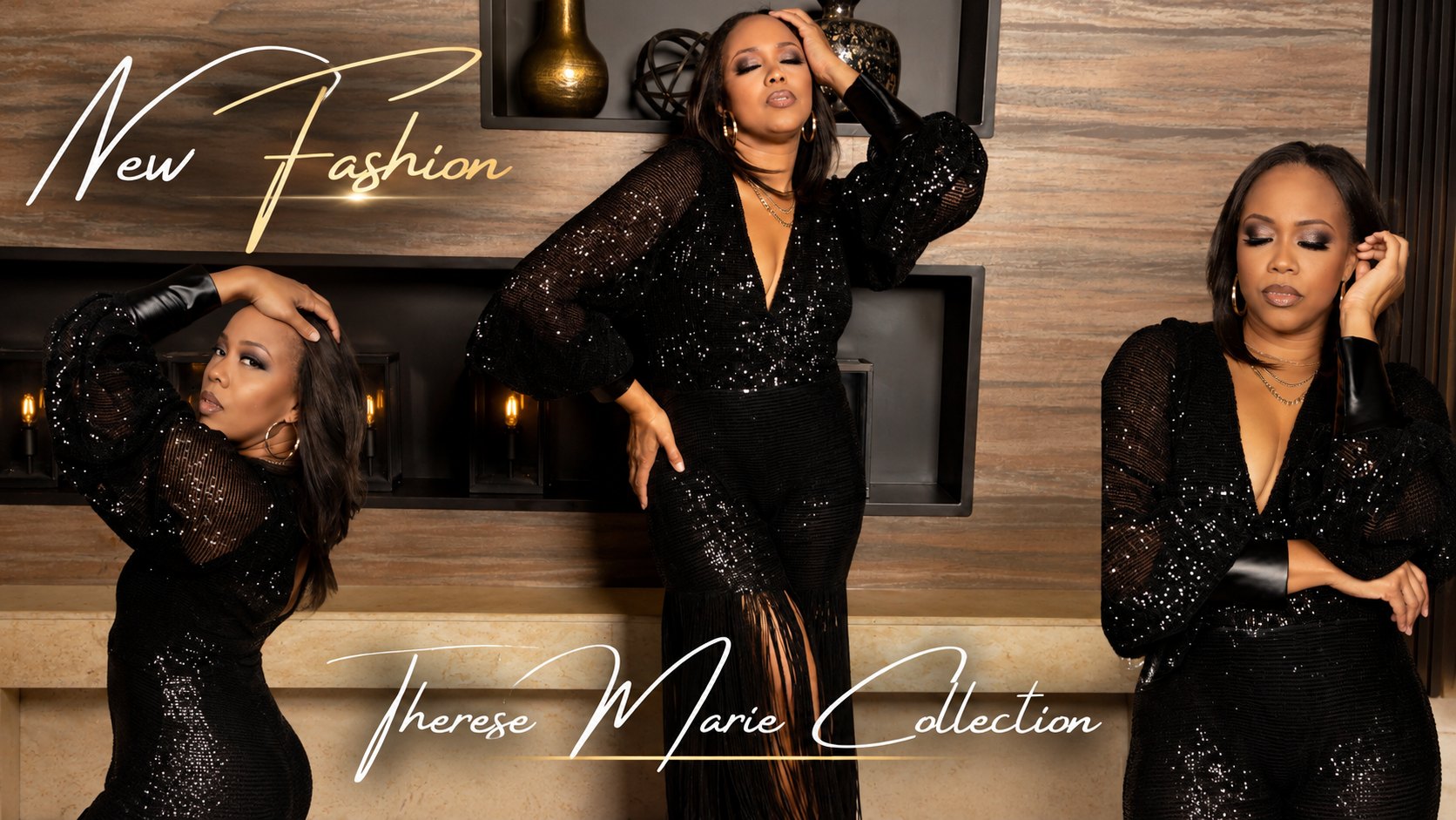 Three views of a model in a black sequined fringe jumpsuit from the Therese Marie Collection
