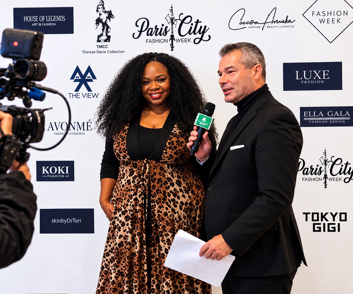 Therese Marie, in a leopard print dress over a black top, interviewed on the Paris City Fashion Week press floor